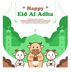 eid al adha greeting banner with cow and goat mascot cartoon illustration