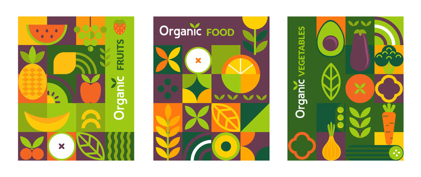 Set organic food flyers,banners. Natural fruits and vegetables in simple geometric shapes,geometry minimalistic style.For web poster,products presentation,templates,cover design.Vector illustration.