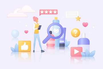 Evaluation and customers review. Tiny client with magnifying glass rating cosmetics product to give stars, appraisal video report and analysis flat vector illustration. Online marketing concept - obrazy, fototapety, plakaty