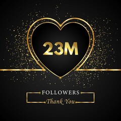 Fototapeta na wymiar Thank you 23M or 23 Million followers with heart and gold glitter isolated on black background. Greeting card template for social networks friends, and followers. Thank you followers, achievement.
