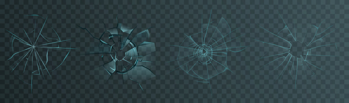 Bullet broken crack glass hole, cracked crushed realistic glass set transperant alpha background set vector illustration