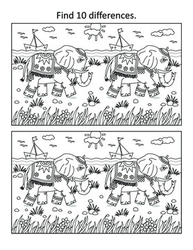 Find the differences picture puzzle and coloring page with two elephants walking along the seashore
