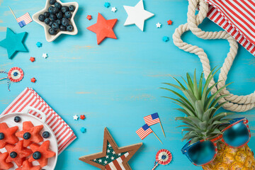 Frame border for picnic on 4th of July with summer fruit salad, pineapple and decorations. Happy...