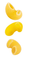 Pipe Rigate, raw pasta falling, hanging, flying, soaring, three pieces isolated on white background. Full depth of field.