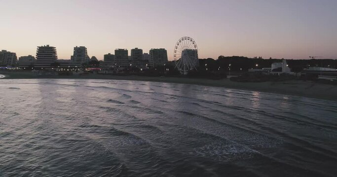 Panorama of the seaside Resort of La Grande-Motte in the rising. Sunset Aerial