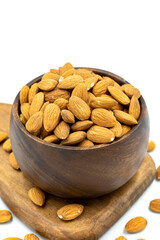 Almond nuts isolated on a white background. Organic nuts. close up
