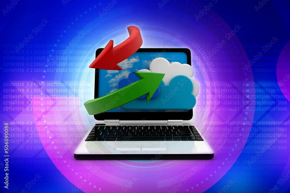 Poster 3d rendering laptop with arrow