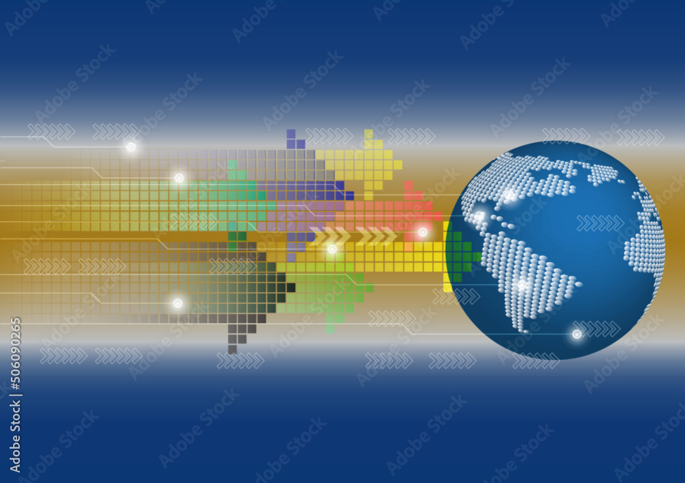 Poster digital globe and world map with arrow and circuit abstract background vector.