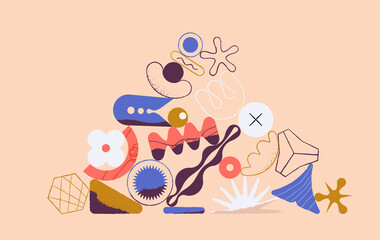 Collection of doodle objects. Abstract linear shape of flowers and sheets. Modern minimalistic plant and bud elements, flower shapes. Vector illustration