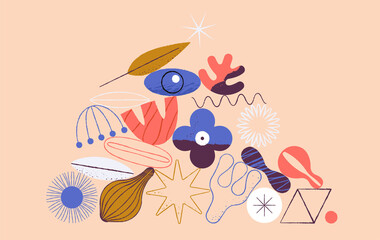 Collection of doodle objects. Abstract linear shape of flowers and sheets. Modern minimalistic plant and bud elements, flower shapes. Vector illustration