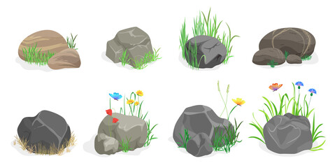 Stones, rocks and boulders set vector illustration. Cartoon pile of rubble, gravel and big blocks with grass, herbs and flowers for nature landscapes isolated white. Game UI, environment concept © lembergvector
