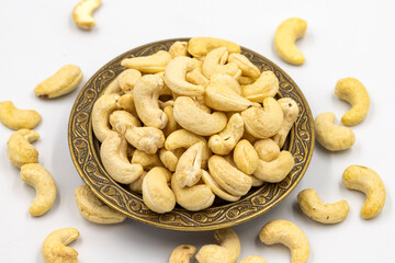 Cashew nuts isolated on white background. Organic nuts. close up