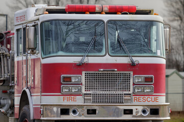 Old American red white fire truck