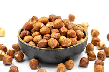 Hazelnut nuts isolated on white background. Organic nuts. close up