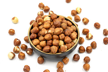 Hazelnut nuts isolated on white background. Organic nuts. close up