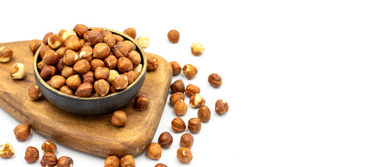 Hazelnut nuts isolated on white background. Organic nuts. close up