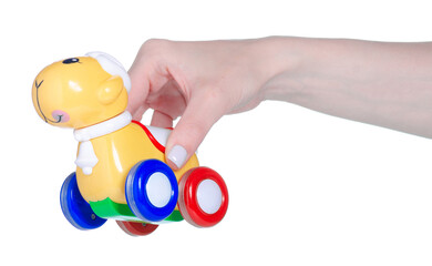 Children's toy horse in hand on white background isolation