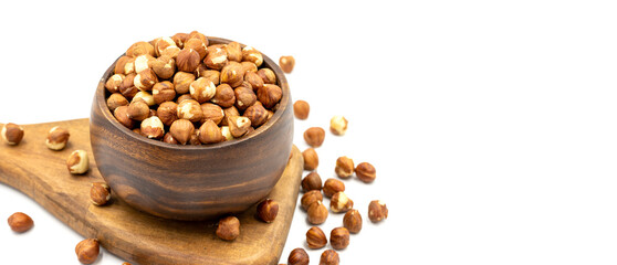 Hazelnut nuts isolated on white background. Organic nuts. Copy space. Space for text. close up