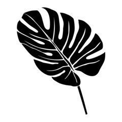 Monstera or palm leaf isolated silhouette. Black leaf of plant isolated on white background. Vector illustration.