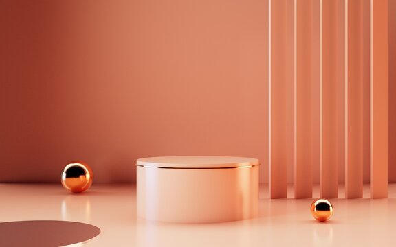 Premium Podium Cylinder Stand Luxury Rose Gold Ball Ring Light Orange Pastel Background Mock Up Exhibition Presentation Product Beauty Fashion Shoes Geometric Promotion Sale Minimalist 3d Rendering