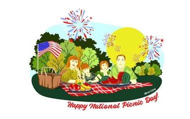 International and national picnic day vector illustration. Family enjoying picnic.