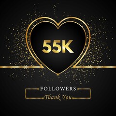 Thank you 55K or 55 thousand followers with heart and gold glitter isolated on black background. Greeting card template for social networks friends, and followers. Thank you, followers, achievement.