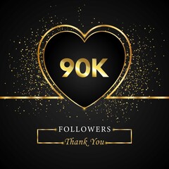 Fototapeta na wymiar Thank you 90K or 90 thousand followers with heart and gold glitter isolated on black background. Greeting card template for social networks friends, and followers. Thank you, followers, achievement.