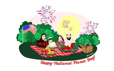 International and national picnic day vector illustration. Family enjoying picnic.