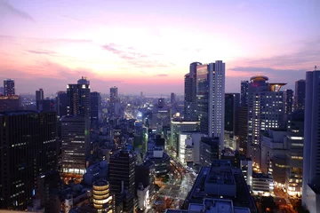 Papier Peint photo Violet 大阪の都市風景　夕暮れと夜景