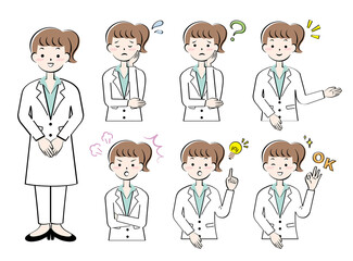 白衣姿の女性の表情　ポーズ　セット　パンツスタイル