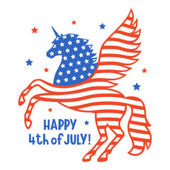 Patriotic unicorn silhouette with flag of the USA. Happy 4th of july card. Independence day. American vector illustration for prints on t-shirts, bags. Isolated on a white background. - obrazy, fototapety, plakaty