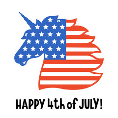 American unicorn head with flag of the USA. Happy 4th of july card. Independence day. Vector . Patriotic cute illustrations for prints on t-shirts, bags. Isolated on a white background.