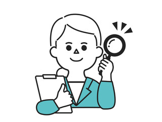 虫眼鏡を持ってチェックのポーズのビジネスウーマン