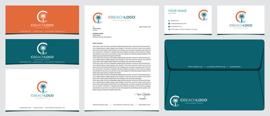 C beach logo with stationery, business card and social media banner designs