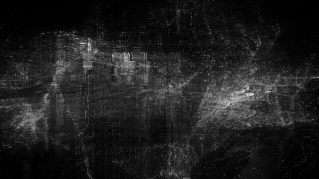 Black and white abstract digital code. Concept 3D animation loop background as crypto currency, NFT, video gaming overlay with network cyber security hex code for landing page and banner showcase