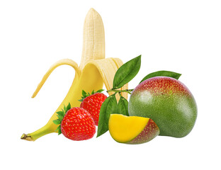 Bananas ,mango and strawberries isolated on white