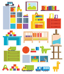 Big set of detailed interior. Children's playroom. Gather the children's room! In today's orthogonal design. Vector illustration.