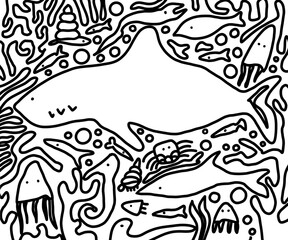 Shark doodle, creatures under the sea coloring pages for kids and adults.