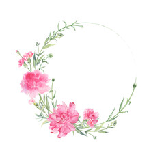 Fototapeta premium Round frame garden flowers. Pink carnations frame.