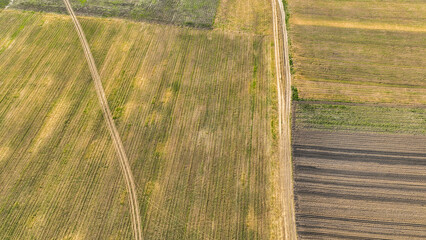 Aerial view of a land with sown fields in countryside. Landscape agriculture. Countryside. Top view...