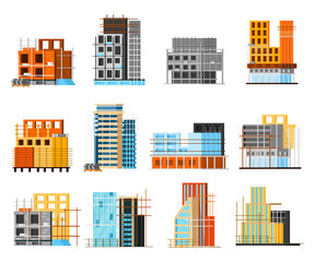 Set of icons of unfinished houses, and skyscrapers. A city with streets. Construction of buildings from glass and concrete. In a modern orthogonal style. Vector illustration.