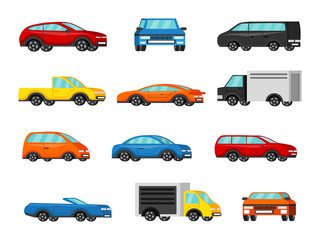 Colorful vehicles collection. Icons in orthogonal style. Cars of different types: 
cabriolet, sedan, coupe, truck, jeep. Vector illustration