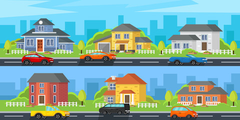 
Street with a set of colorful houses and cars. A city with streets and roads and traffic. City life. In a modern orthogonal style. Vector illustration