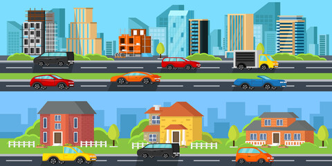 A modern city with skyscrapers. Urban buildings near the road, street landscape. Street with modern buildings. Private houses with their own garden. Vector illustration