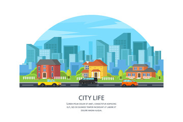 A modern city with skyscrapers. Urban buildings near the road, street landscape. Street with modern buildings. Private houses with their own garden. Vector illustration