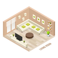 Isometric living room 3d isolated vector interior concept with furniture set. A modern lofter in modern colors. Vector illustration.