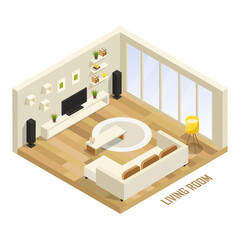 Isometric living room 3d isolated vector interior concept with furniture set. A modern lofter in modern colors. Vector illustration.