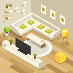 Fototapeta na wymiar Isometric living room 3d isolated vector interior concept with furniture set. A modern lofter in modern colors. Vector illustration.