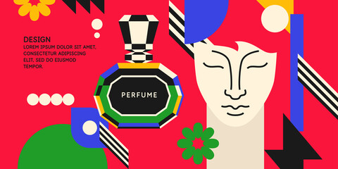 Fashion poster in the youth style consists of various geometric shapes and a bottle of perfume and a girl's face.