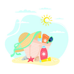 Female bag with beach accessories sun cream, sunglasses, hat. Set of summer design elements. Sunburn concept. Vector illustration.
